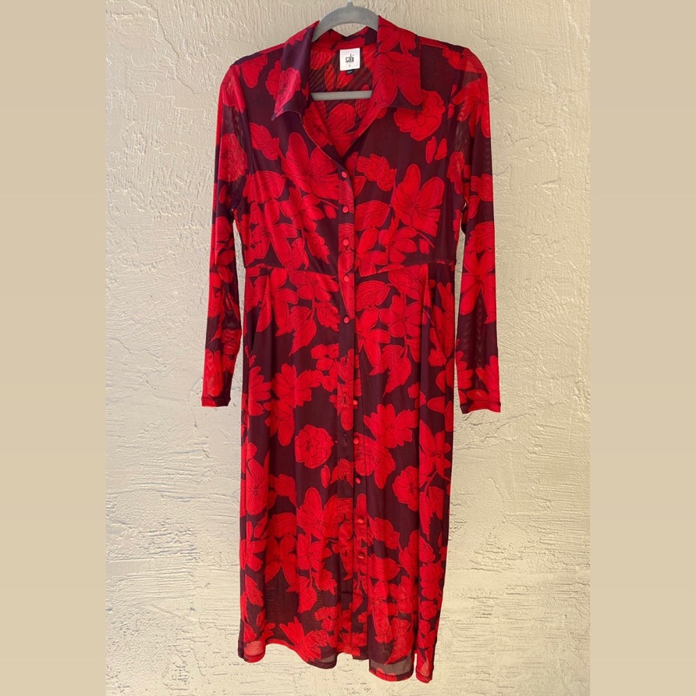 Cabi, red, floral, long-sleeve, button down, shirt dress